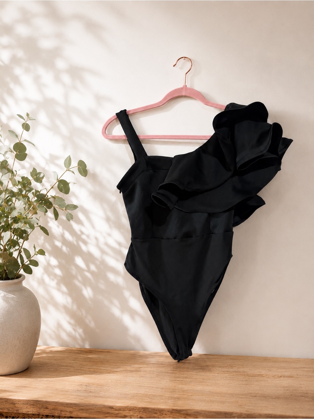 SHEIN VCAY Black One Shoulder Structured Ruffle Bodysuit Size S NWT